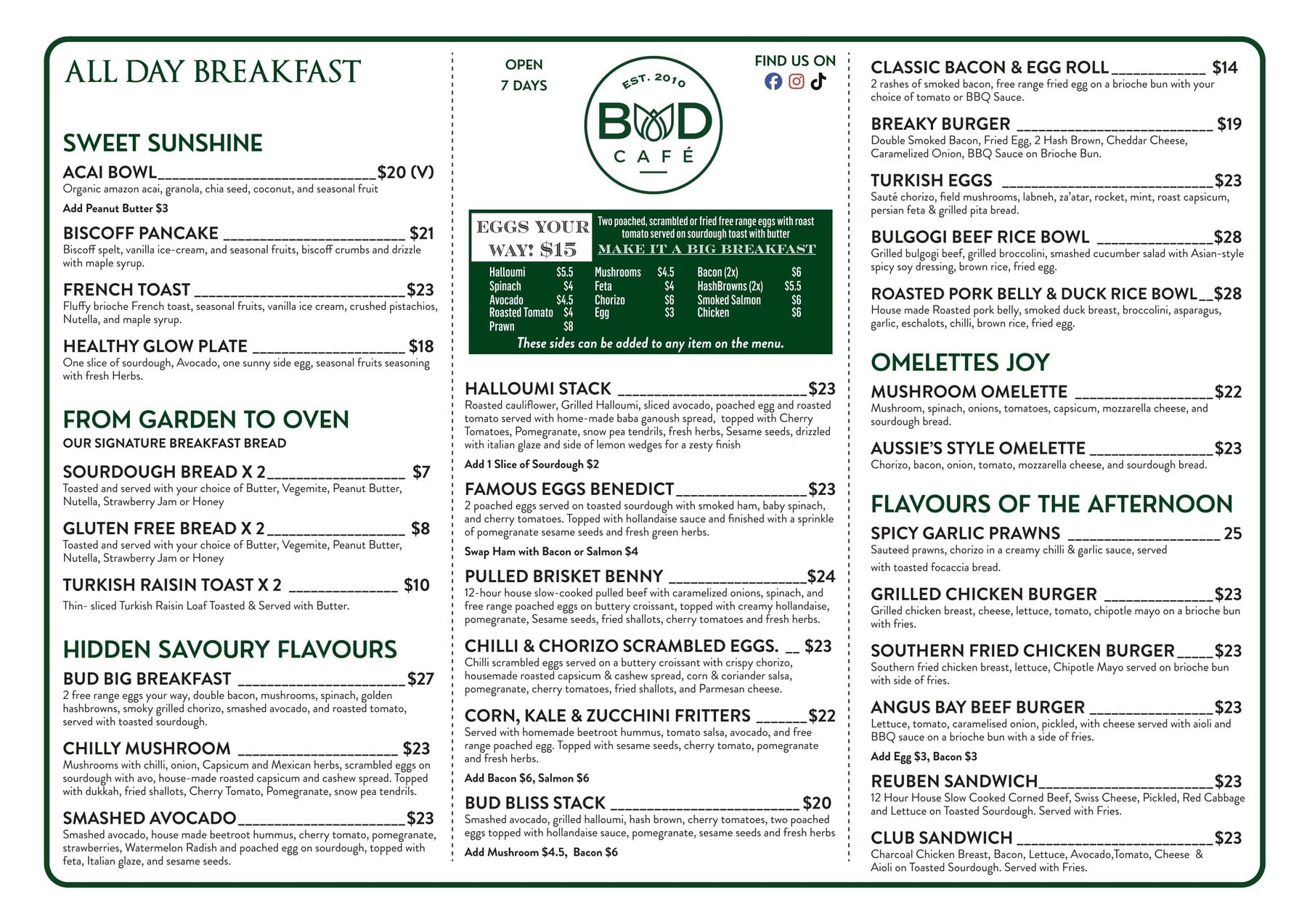 Bud Cafe all-day breakfast and savoury menu